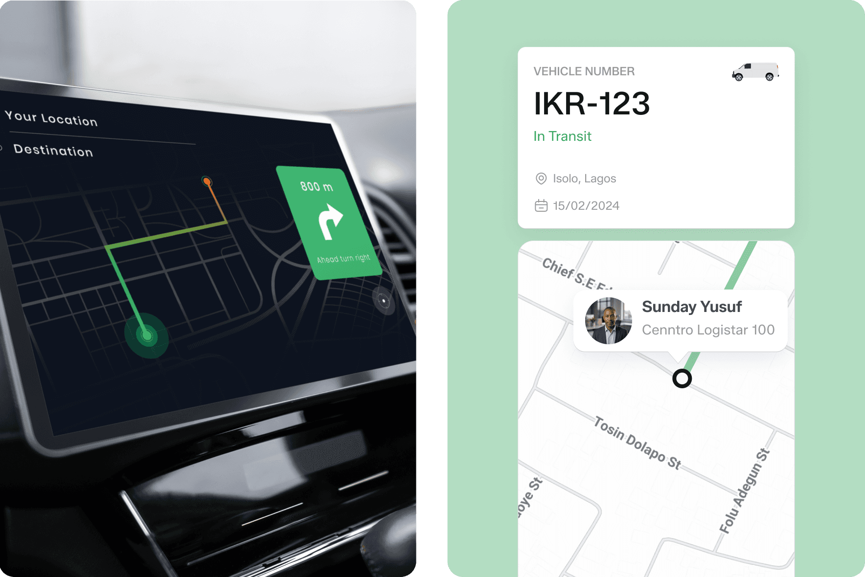 Live GPS tracking dashboard with vehicle card and route map